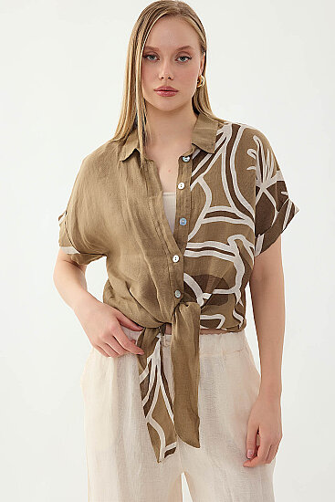 %100 Keten Önü Bağlamalı Tek Tarafı Çiçek Desen Kısa Kol Gömlek - 45