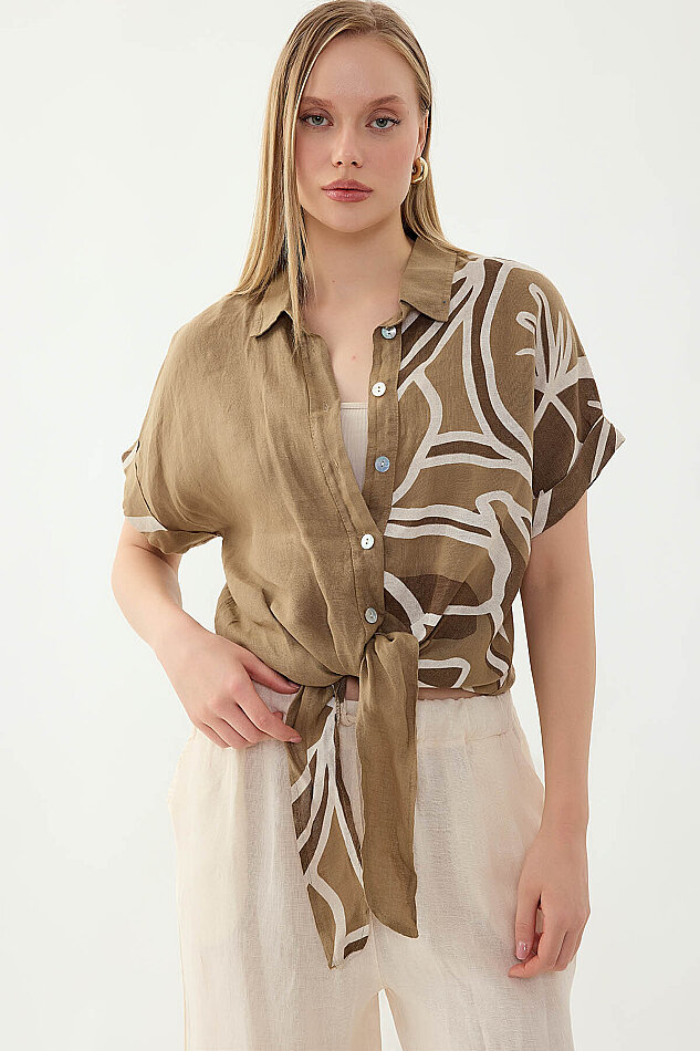 %100 Keten Önü Bağlamalı Tek Tarafı Çiçek Desen Kısa Kol Gömlek - 45