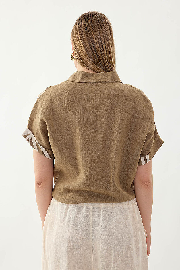 %100 Keten Önü Bağlamalı Tek Tarafı Çiçek Desen Kısa Kol Gömlek - 44