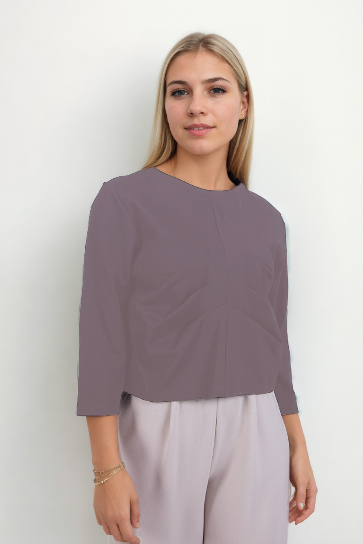 Önü Büzgü Detaylı Kısa Kol Modal Bluz - Thumbnail