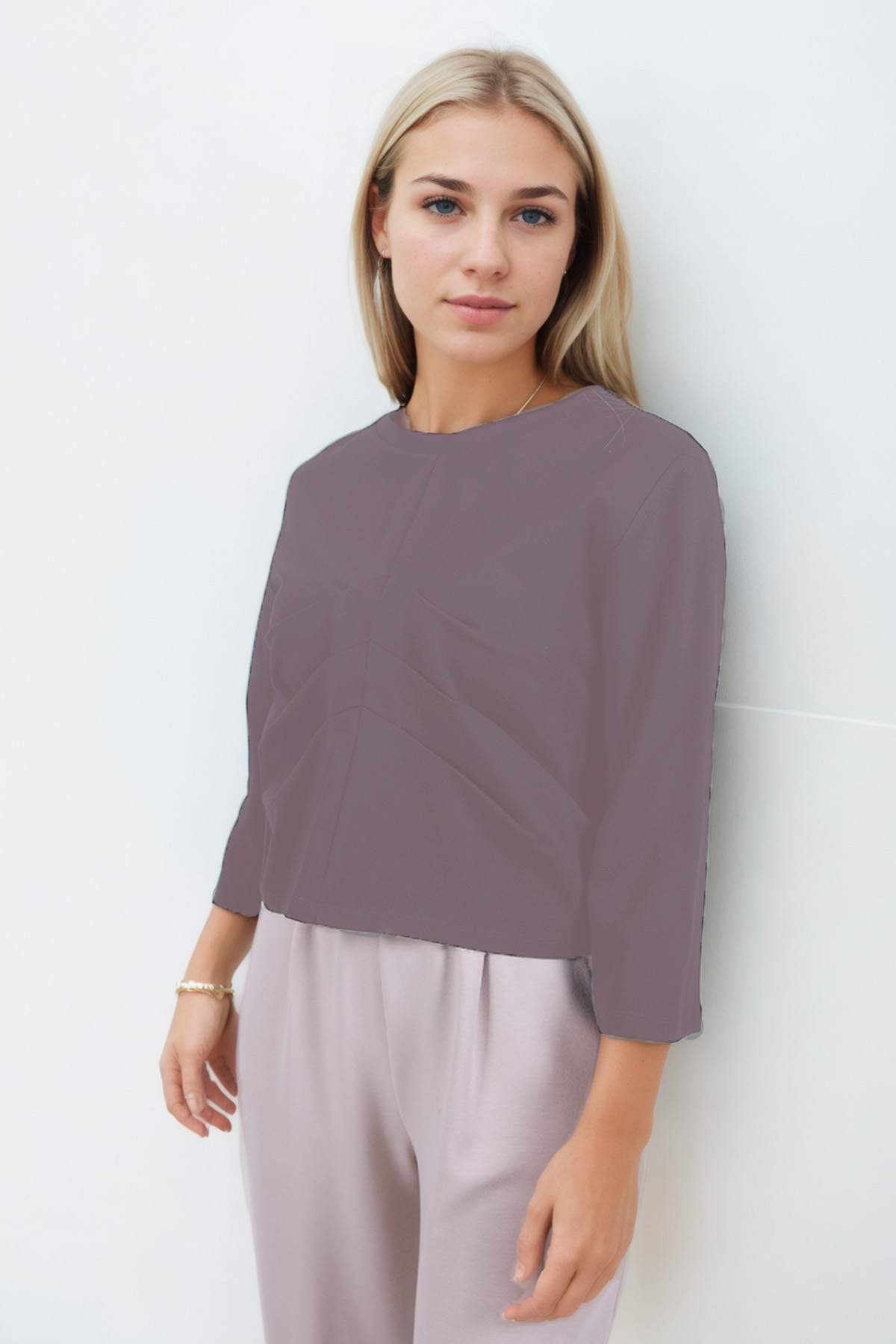 Önü Büzgü Detaylı Kısa Kol Modal Bluz - Thumbnail