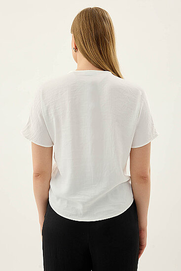 Önü Büzgülü Kısa Kol Saten Bluz - 20