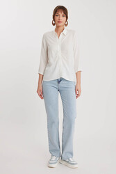 Önü Büzgülü Viskon Keten Gömlek - 3