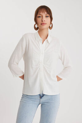 Önü Büzgülü Viskon Keten Gömlek - 1