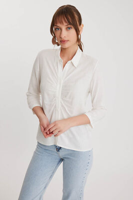 Önü Büzgülü Viskon Keten Gömlek - 4