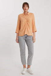 Önü Büzgülü Viskon Keten Gömlek - 7