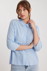 Önü Büzgülü Viskon Keten Gömlek - 14