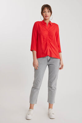 Önü Büzgülü Viskon Keten Gömlek - 16