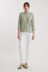 Önü Büzgülü Viskon Keten Gömlek - 36