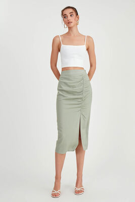 Önü Büzgülü Yırtmaçlı Midi Boy Etek - 4