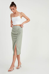 Önü Büzgülü Yırtmaçlı Midi Boy Etek - 5