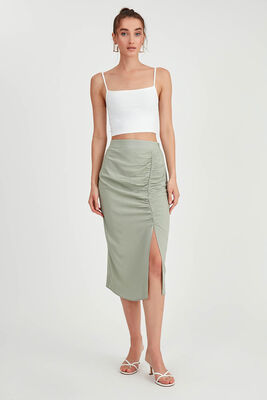 Önü Büzgülü Yırtmaçlı Midi Boy Etek - 1