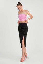 Önü Büzgülü Yırtmaçlı Midi Boy Etek - 8