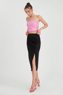 Önü Büzgülü Yırtmaçlı Midi Boy Etek - 8