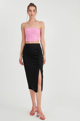 Önü Büzgülü Yırtmaçlı Midi Boy Etek - 7