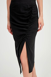 Önü Büzgülü Yırtmaçlı Midi Boy Etek - 11