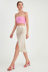 Önü Büzgülü Yırtmaçlı Midi Boy Etek - 14