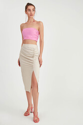 Önü Büzgülü Yırtmaçlı Midi Boy Etek - 15