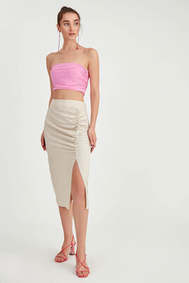 Önü Büzgülü Yırtmaçlı Midi Boy Etek - 15