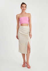 Önü Büzgülü Yırtmaçlı Midi Boy Etek - 12