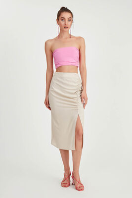 Önü Büzgülü Yırtmaçlı Midi Boy Etek - 12