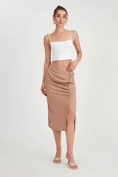 Önü Büzgülü Yırtmaçlı Midi Boy Etek - 16