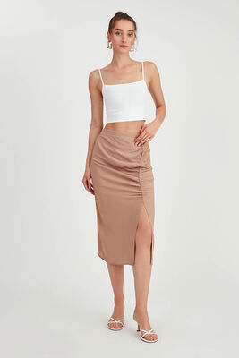 Önü Büzgülü Yırtmaçlı Midi Boy Etek - 16