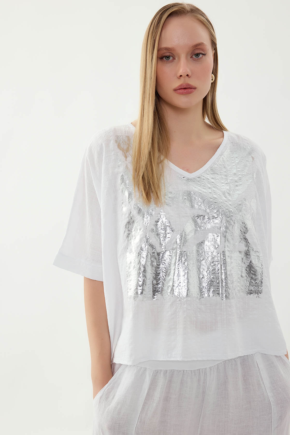 Önü Çiçek Baskılı Kısa Kol Keten Bluz - Thumbnail