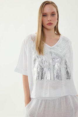 Önü Çiçek Baskılı Kısa Kol Keten Bluz (1)