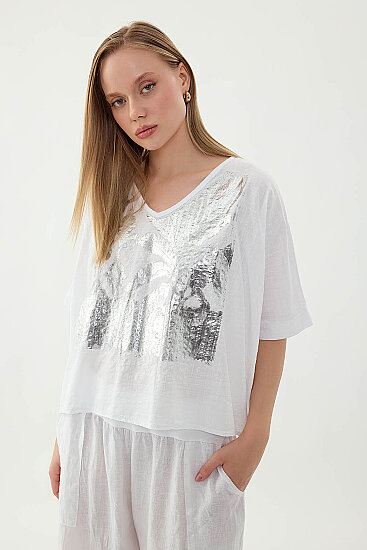 Önü Çiçek Baskılı Kısa Kol Keten Bluz - 3