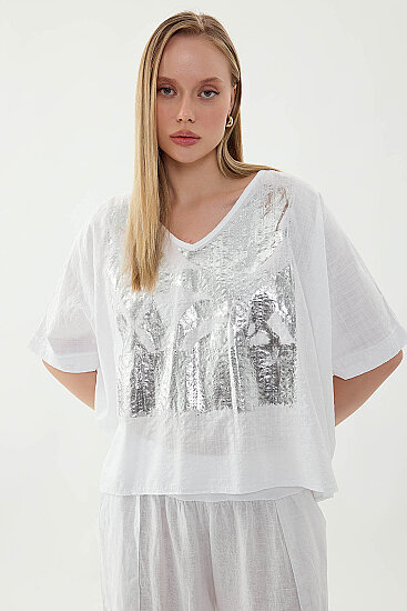 Önü Çiçek Baskılı Kısa Kol Keten Bluz - 4