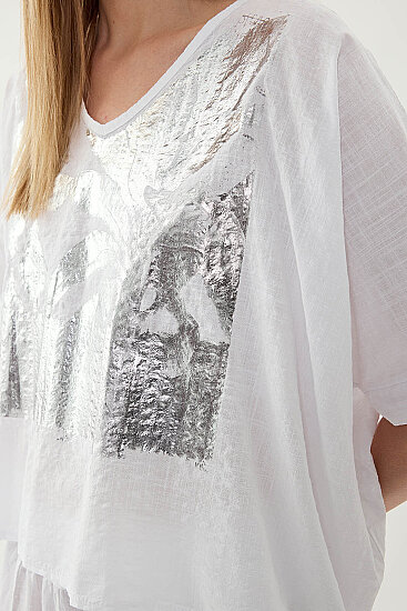 Önü Çiçek Baskılı Kısa Kol Keten Bluz - 6