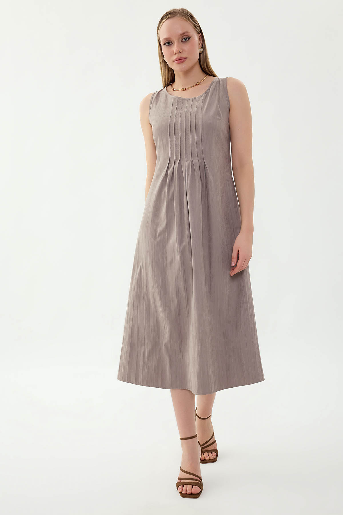 Önü Detaylı Sıfır Kol Elbise - Thumbnail