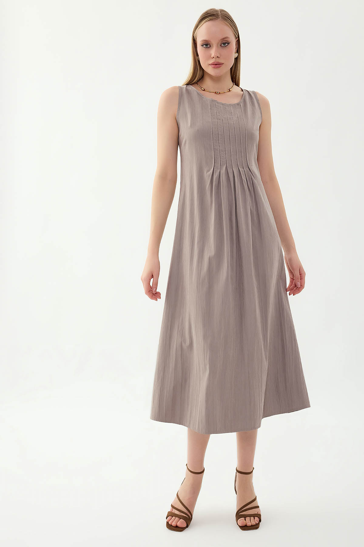 Önü Detaylı Sıfır Kol Elbise - Thumbnail