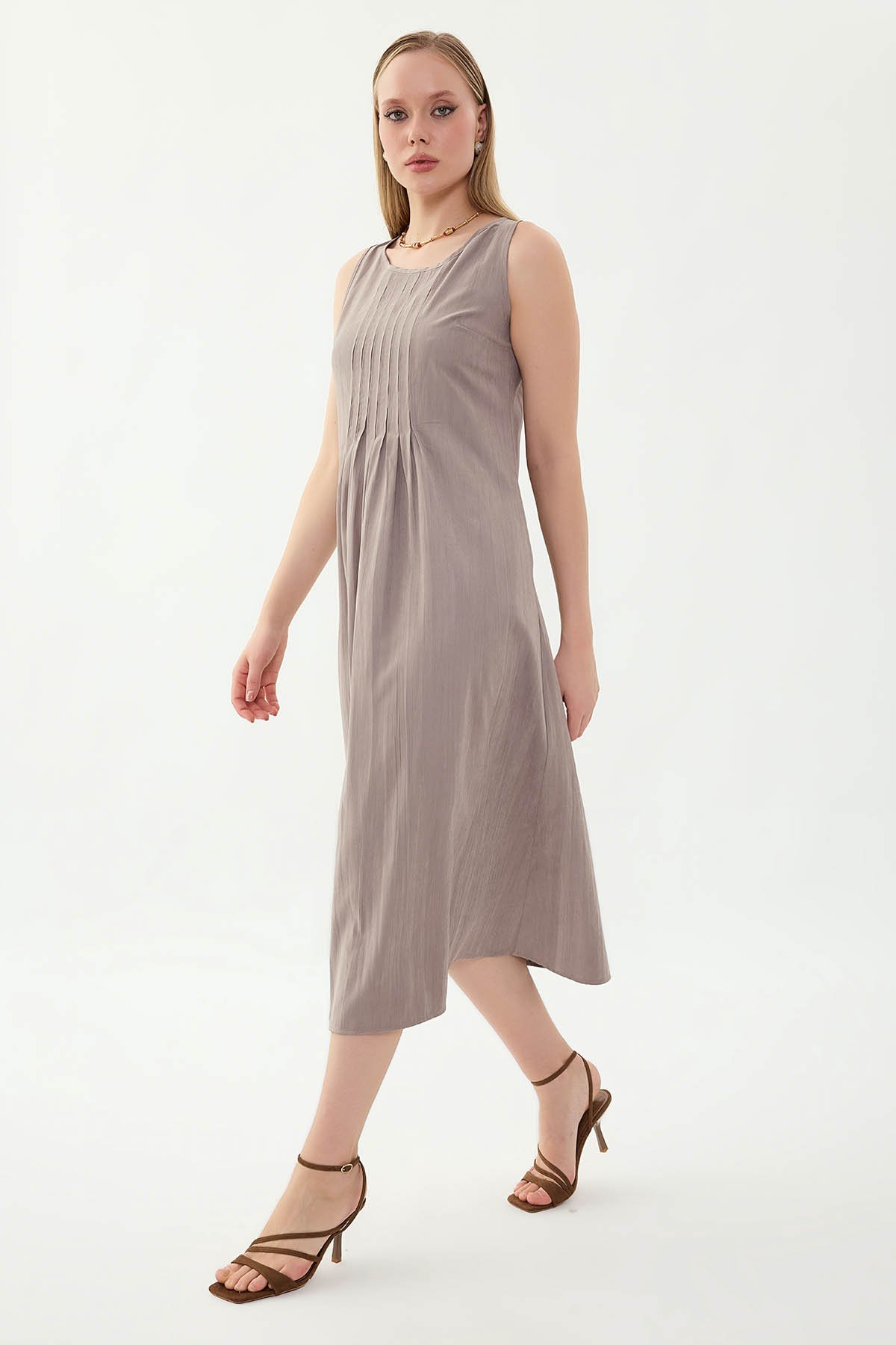 Önü Detaylı Sıfır Kol Elbise - Thumbnail