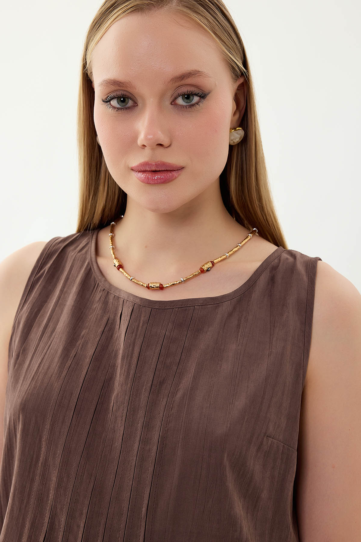 Önü Detaylı Sıfır Kol Elbise - Thumbnail