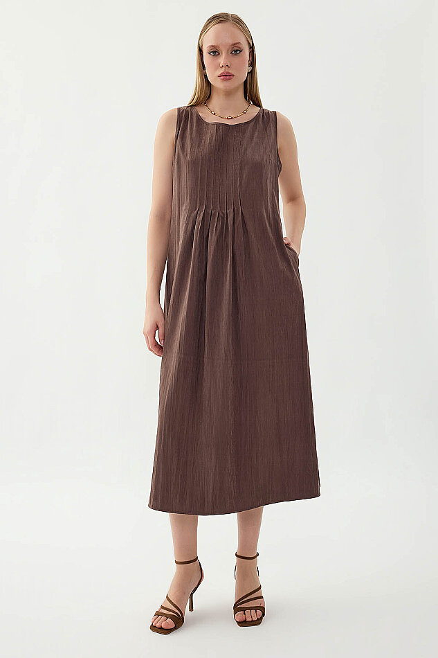 Önü Detaylı Sıfır Kol Elbise - 12