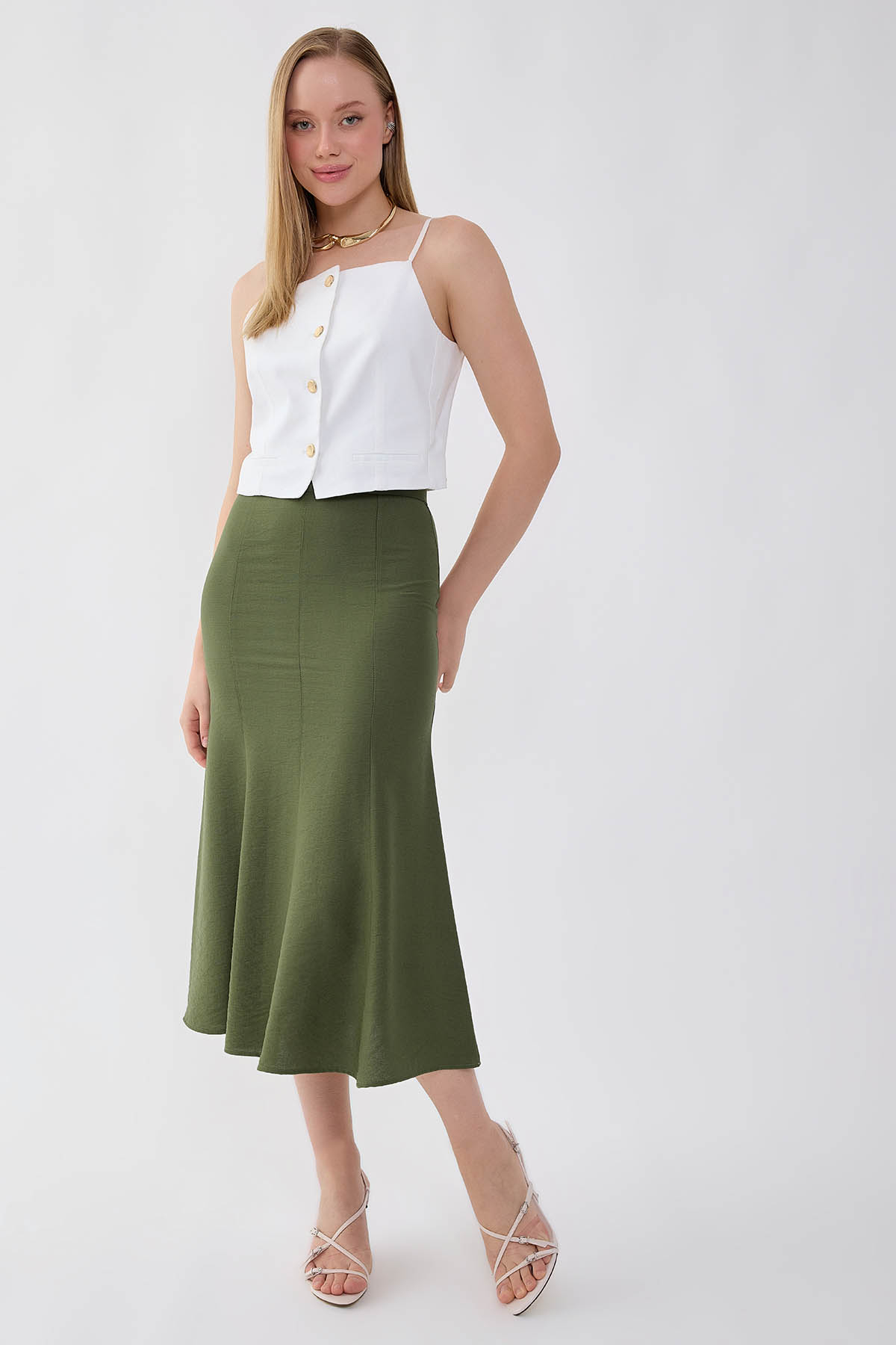 VİTRİN - Önü Dikiş Detaylı Midi Boy Etek (1)