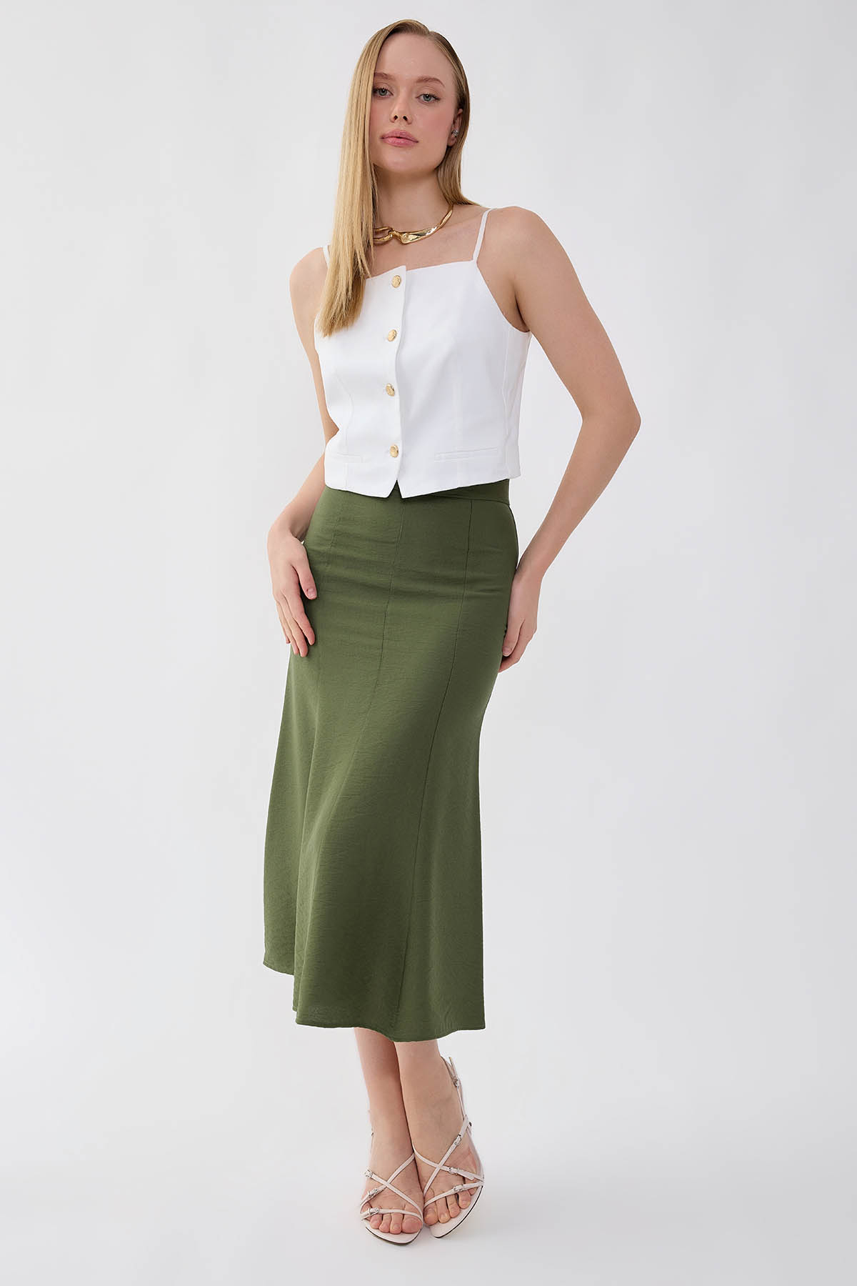 Önü Dikiş Detaylı Midi Boy Etek - Thumbnail