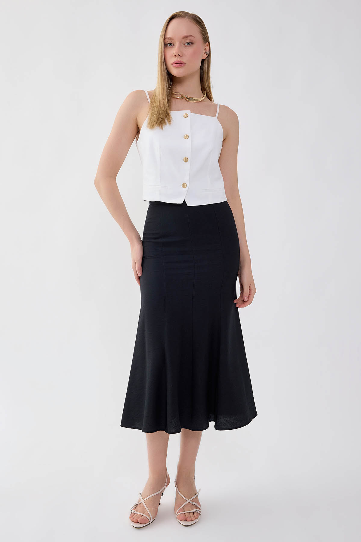 Önü Dikiş Detaylı Midi Boy Etek - Thumbnail