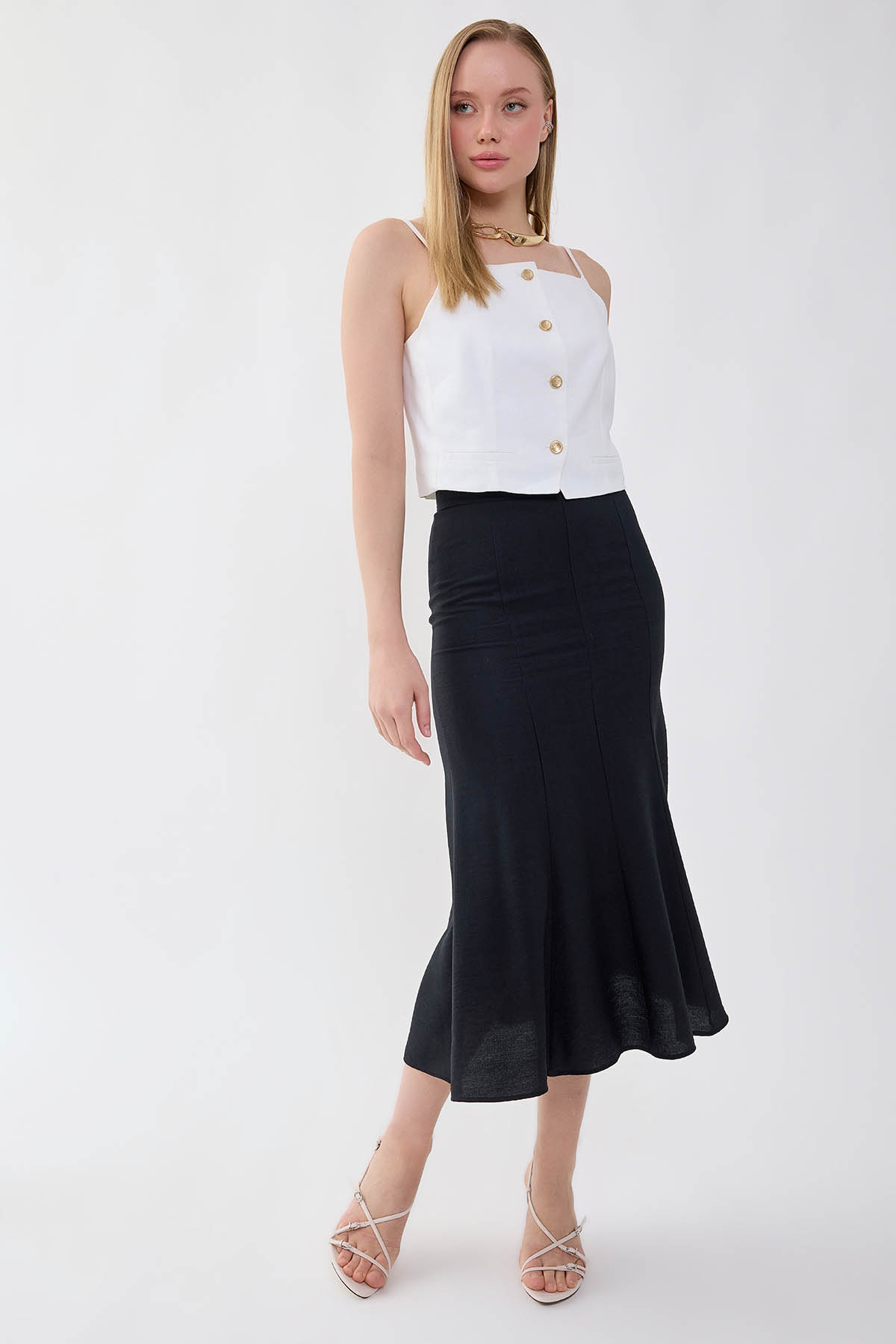 Önü Dikiş Detaylı Midi Boy Etek - Thumbnail