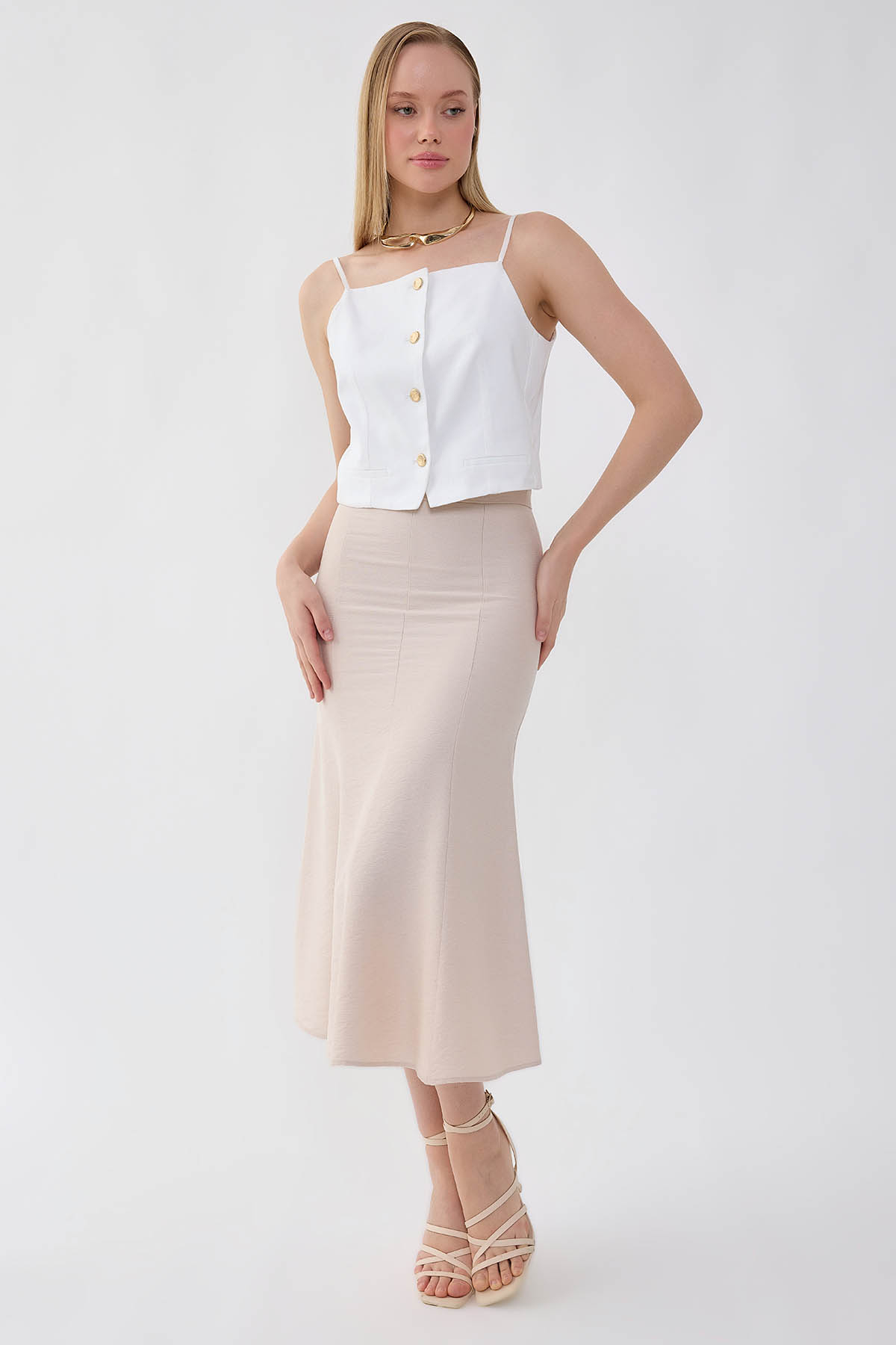 Önü Dikiş Detaylı Midi Boy Etek - Thumbnail