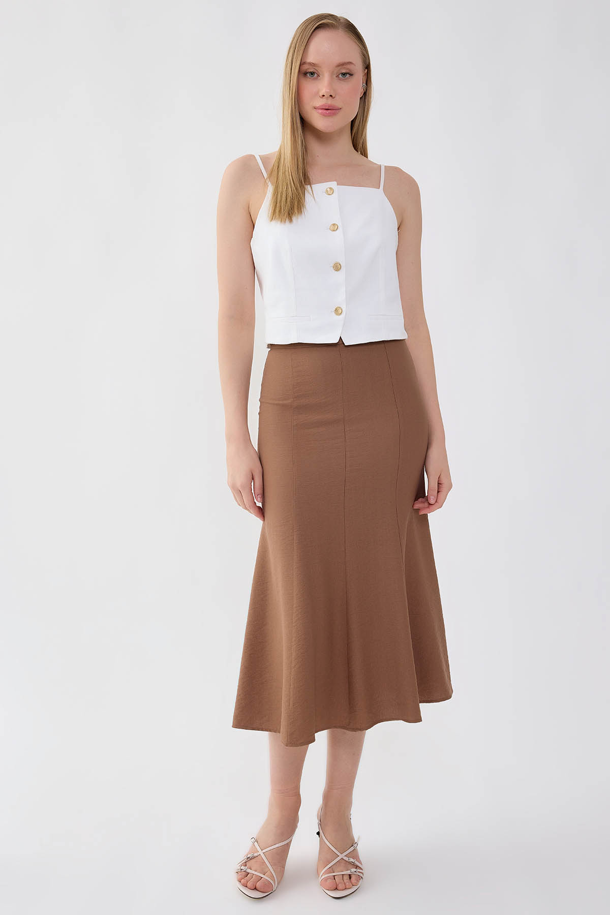 Önü Dikiş Detaylı Midi Boy Etek - Thumbnail