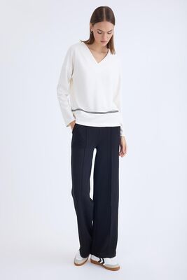 Önü Dikişli Geniş Paça Beli Lastikli Pantolon - Thumbnail (2)