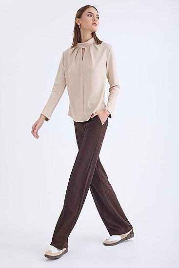 Önü Dikişli Geniş Paça Beli Lastikli Pantolon - 10