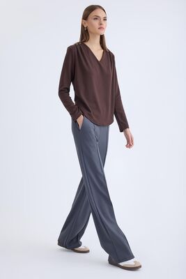 Önü Dikişli Geniş Paça Beli Lastikli Pantolon - Thumbnail (12)