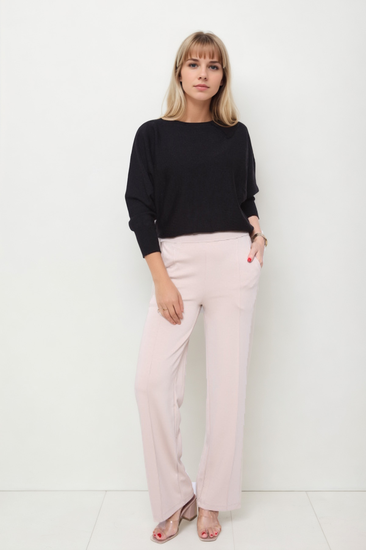 Önü Dikişli Geniş Paça Beli Lastikli Pantolon - Thumbnail