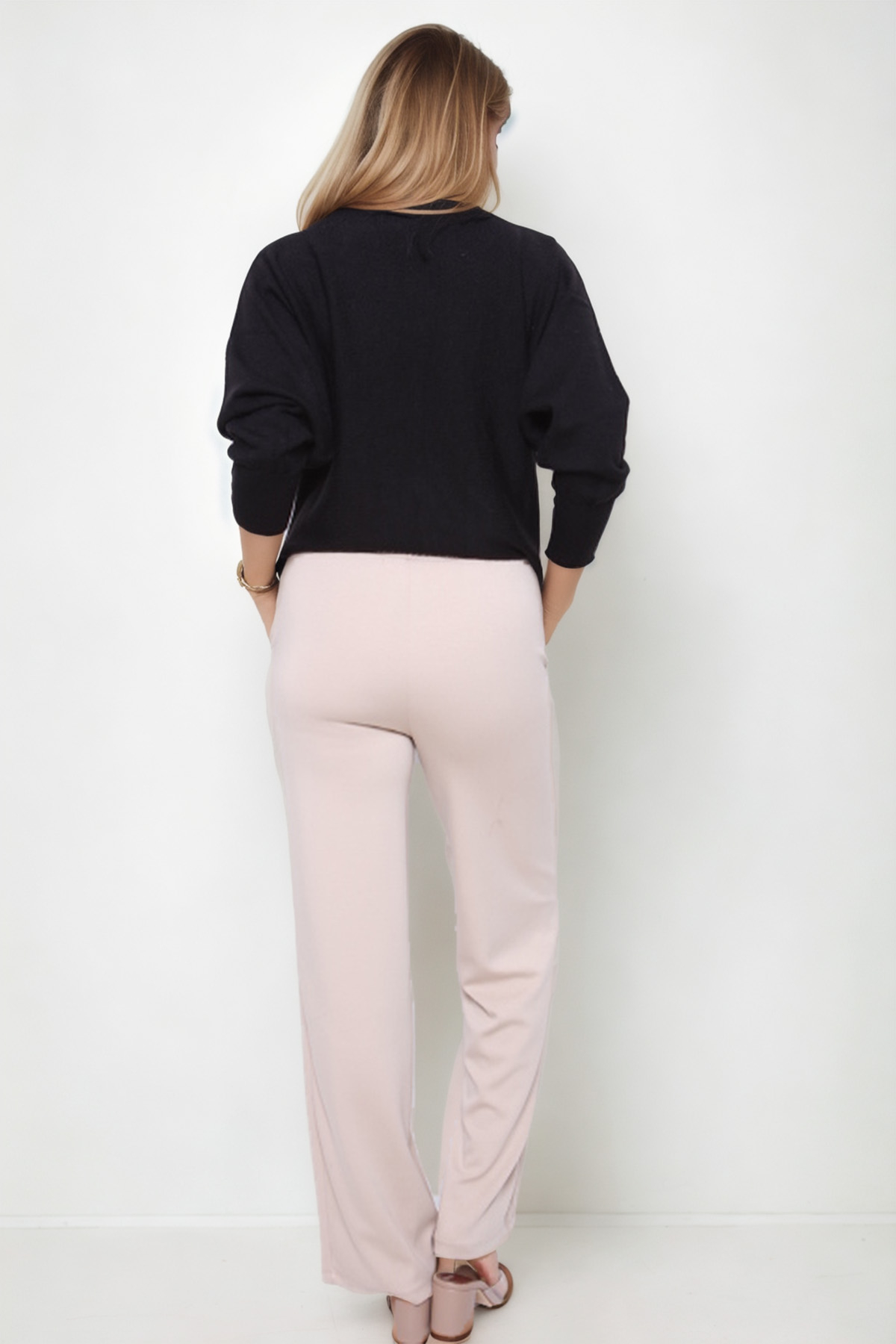 Önü Dikişli Geniş Paça Beli Lastikli Pantolon - Thumbnail