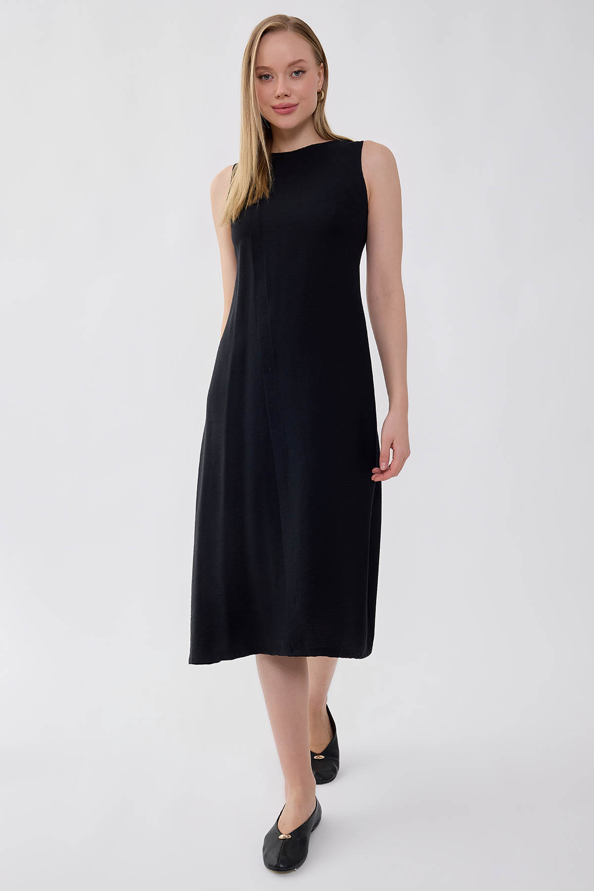 Önü Düğme Detaylı Sıfır Kol Elbise - Thumbnail