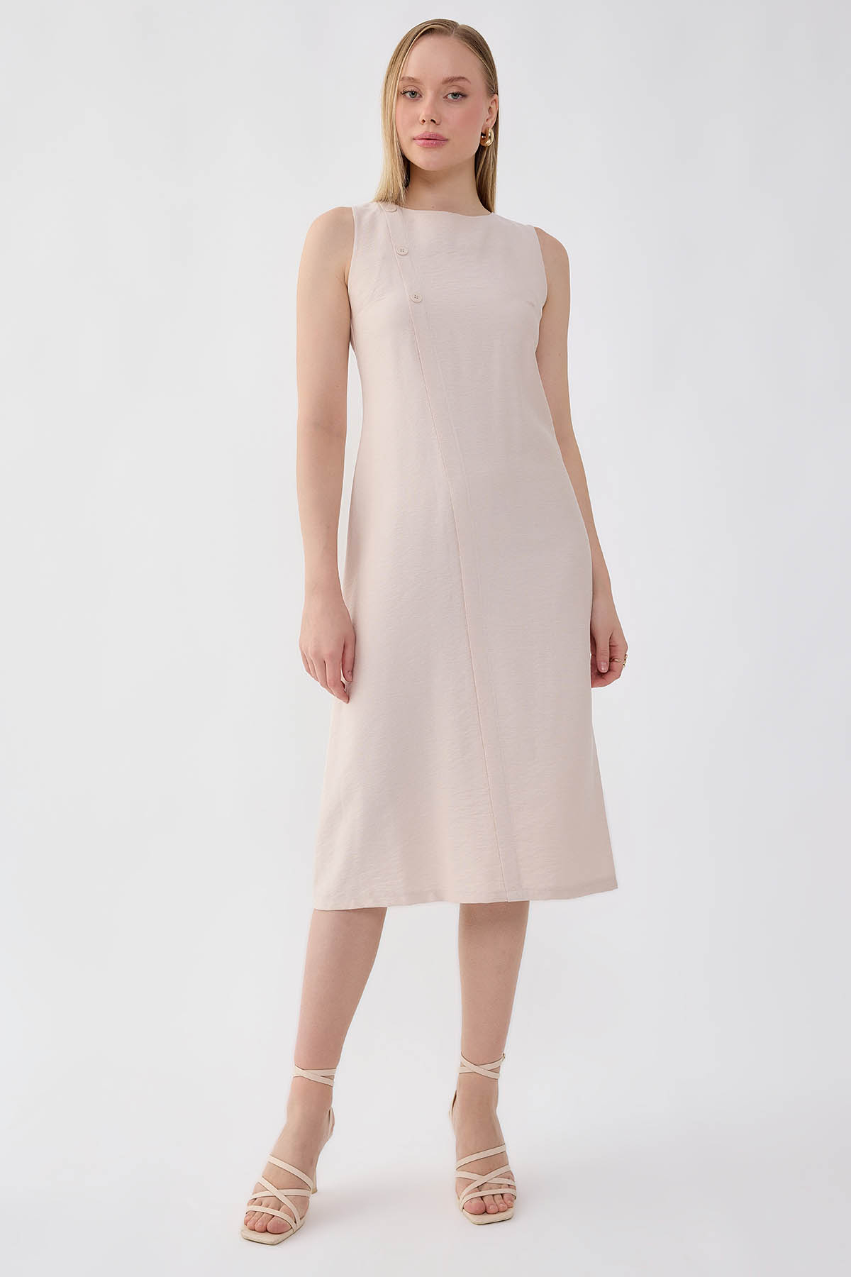 Önü Düğme Detaylı Sıfır Kol Elbise - Thumbnail